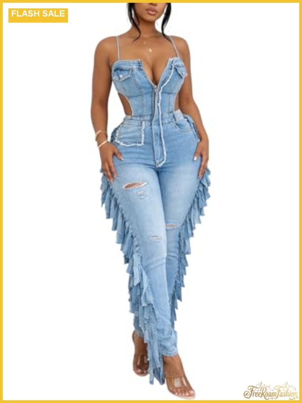 Y2K Denim Jumpsuit Cutout Fringe Romper Cowgirl Sleeveless Bodycon
